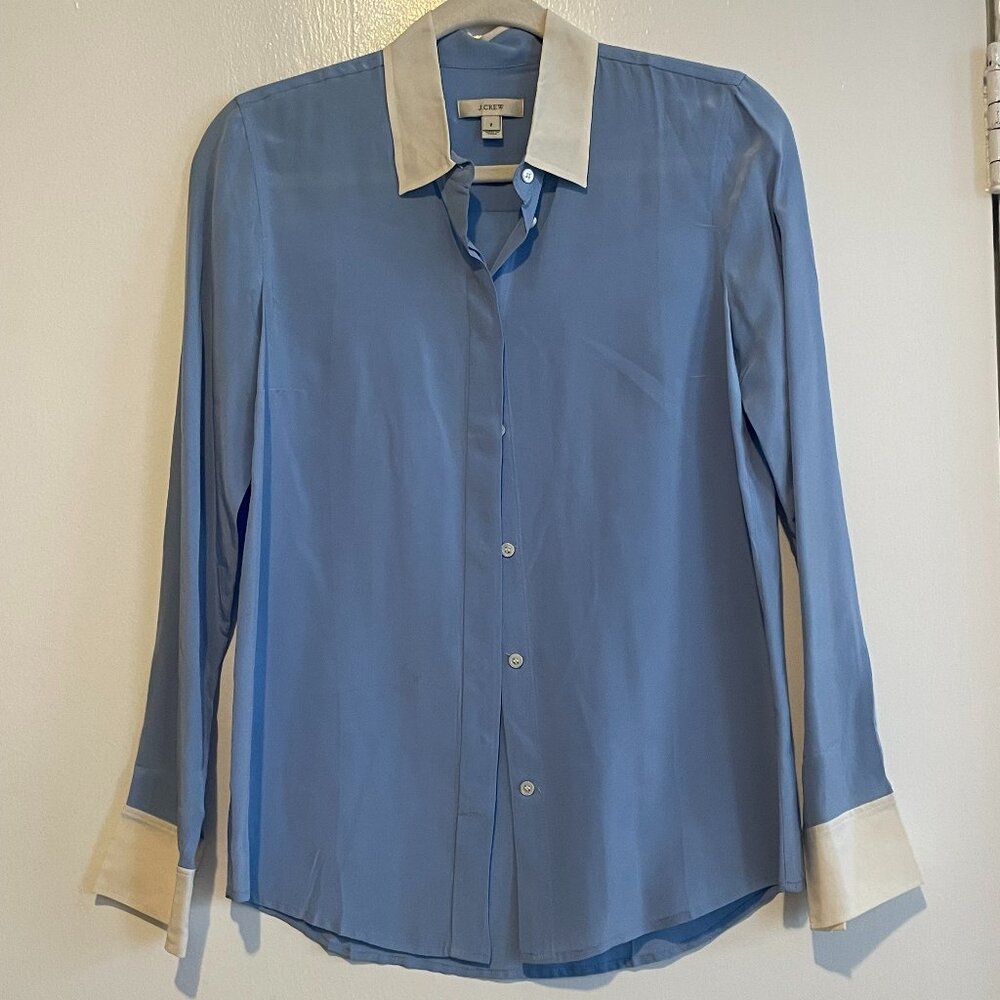 J. Crew Beautiful Blue and White Silk Button Down Shirt/Blouse